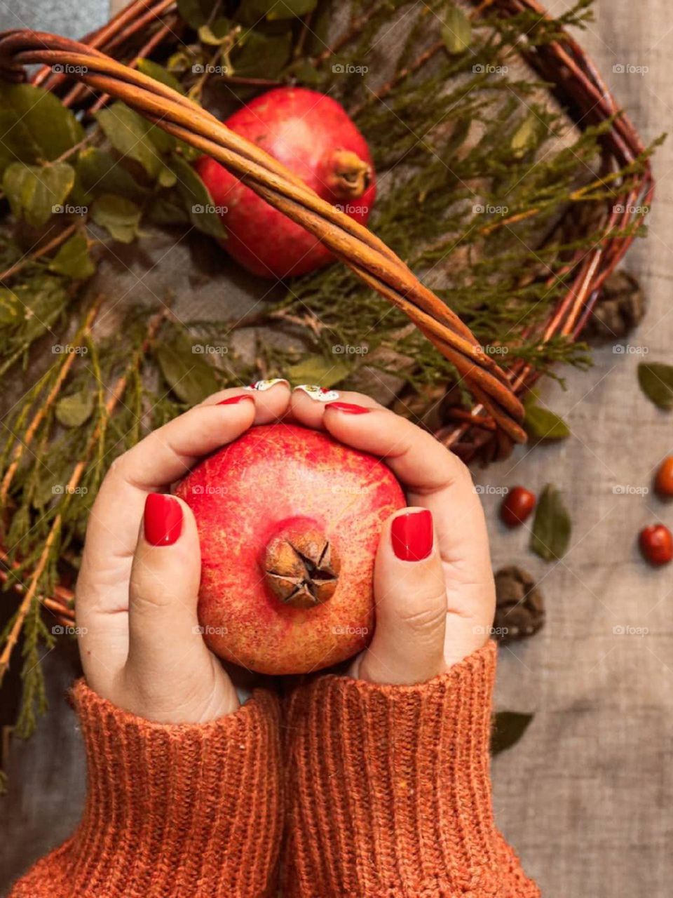 I walk in nature in the Autumn! red leaves and sometimes still green leaves are under my feet... and beautiful red pomegranates on the tree.. red is  definitely the color of autumn....