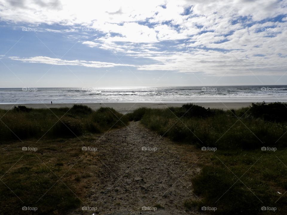 Walkway to paradise. Took this photo on the coast of Oregon. The soft warm sand contrasts so well against the beautiful blue sky. 