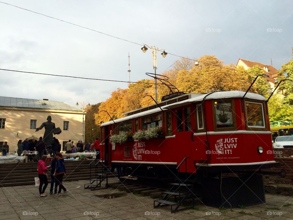 Red color story. Tram