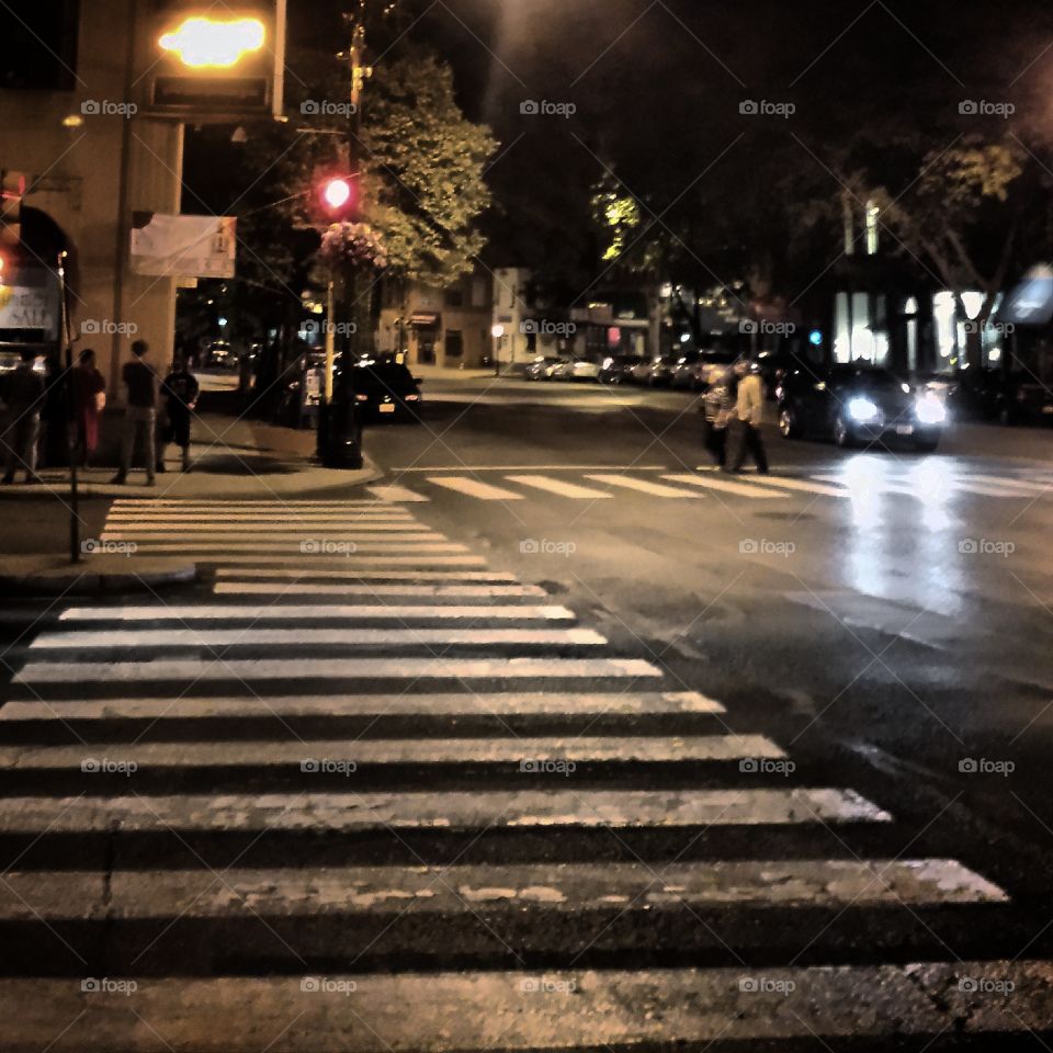 Crosswalk at Night. streetlamps evening view