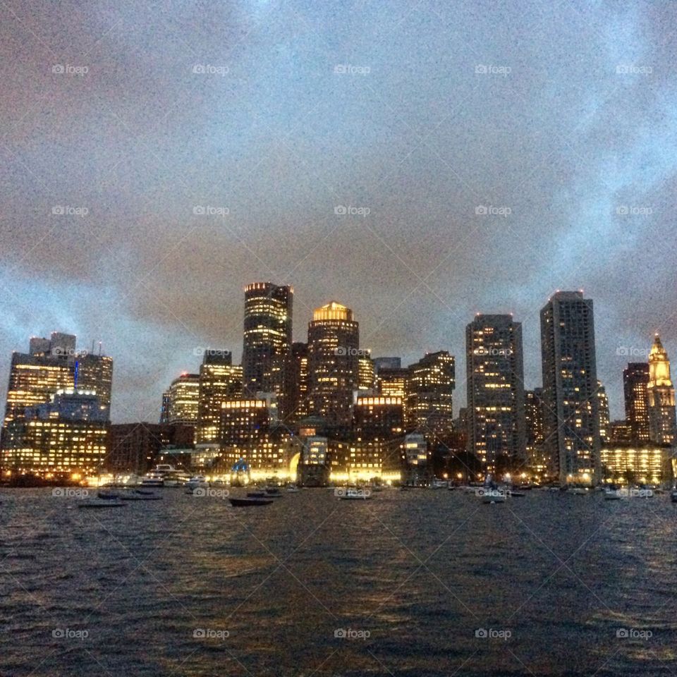 Sea view of Boston city lights