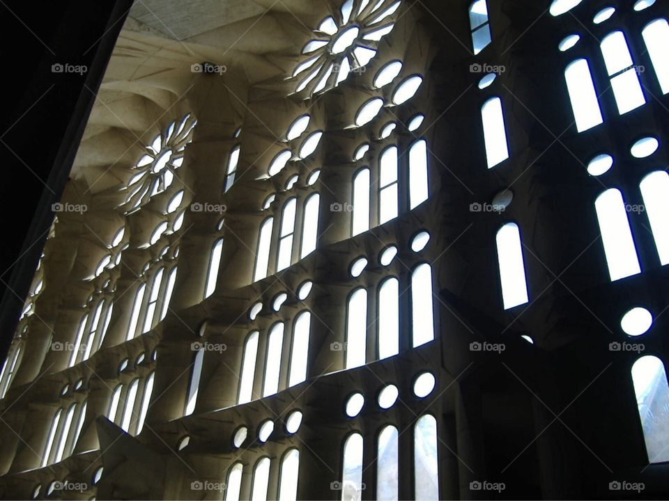 Light entering the windows in the Sagrada Familia in Barcelona, Spain. 