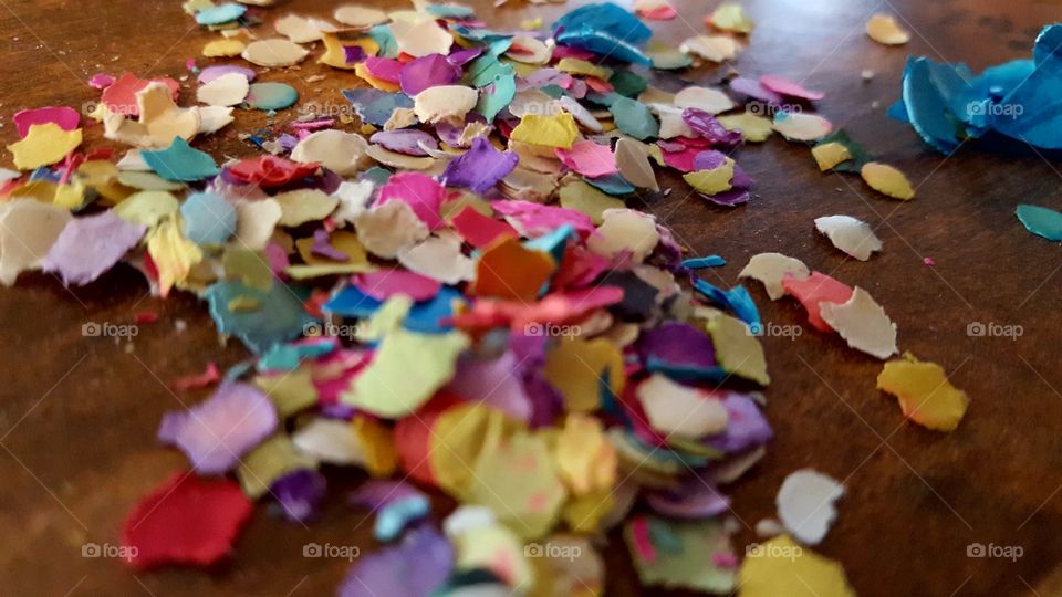 A close up of the confetti my kids scattered around from the Easter Confetti Eggs.