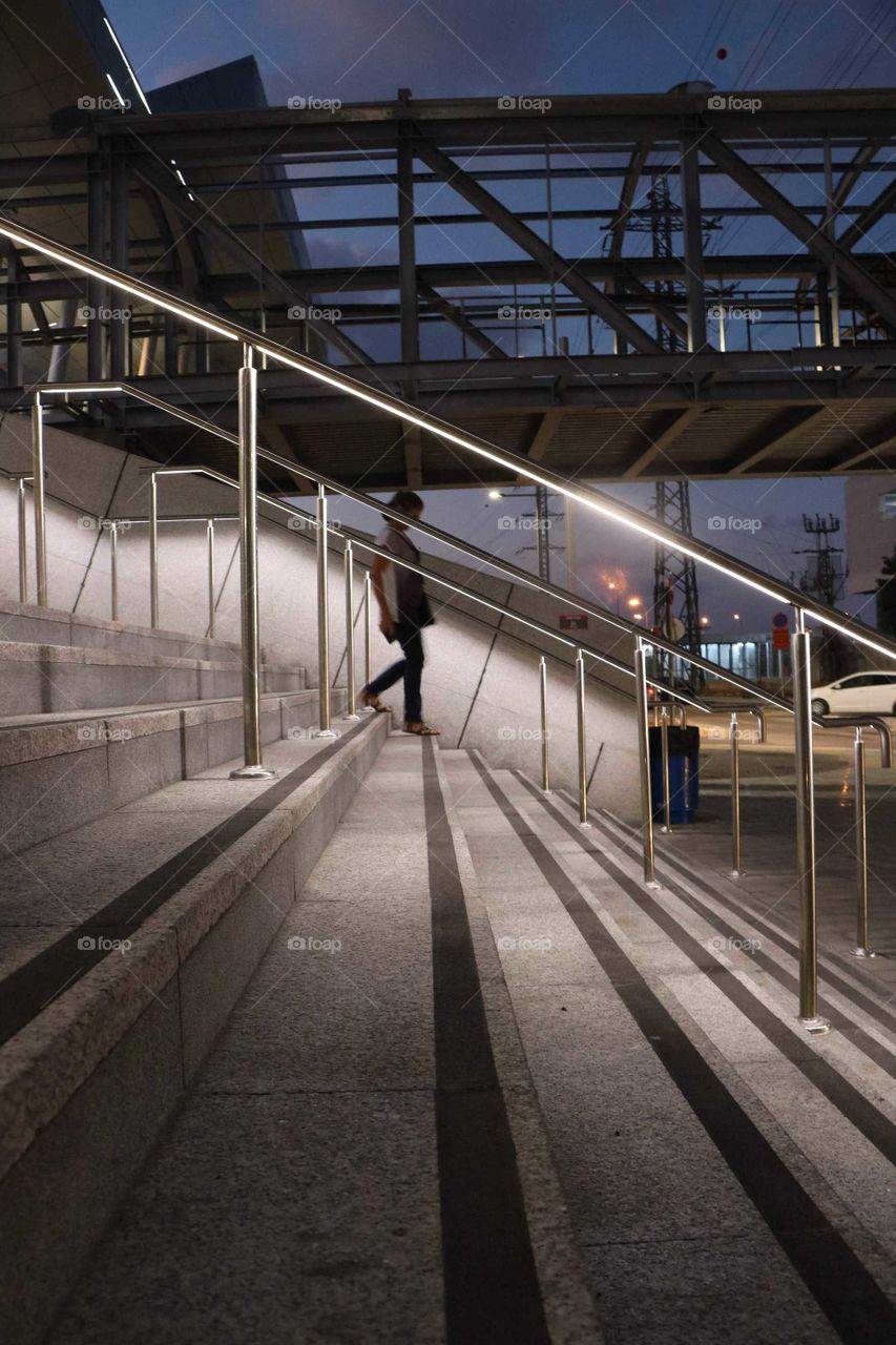 stairs, outdoors, night, city, lights, staircase, bus, busstop,