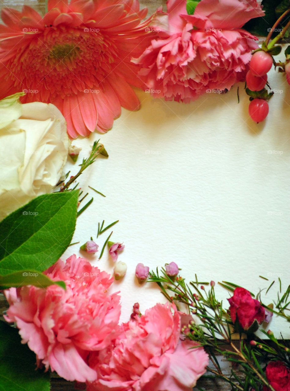 Spring, flowers, floral border, flower border, flat lay, white paper, wooden background, pink flowers and leaves, carnations, portrait orientation