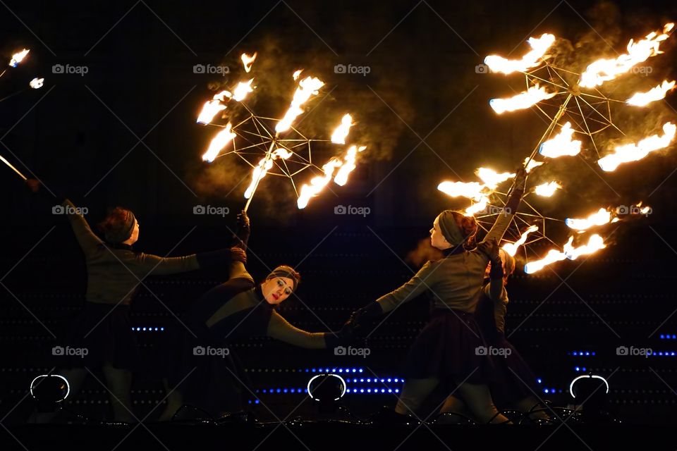 Fire Circus Walkea. Fire Circus Walkea combining fire art and dance at Lux Helsinki light arts festival 2015 at Senate Square, Helsinki, Finland.