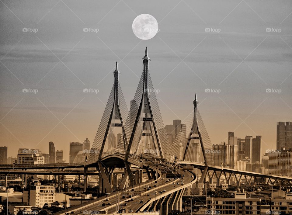 Full moon over the beautiful bridge in Bangkok Thailand