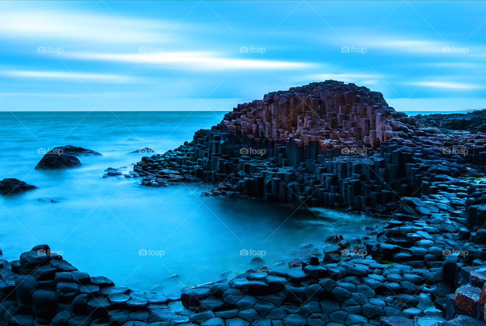 Rocks of Causeway in Northern Ireland during the blue hour