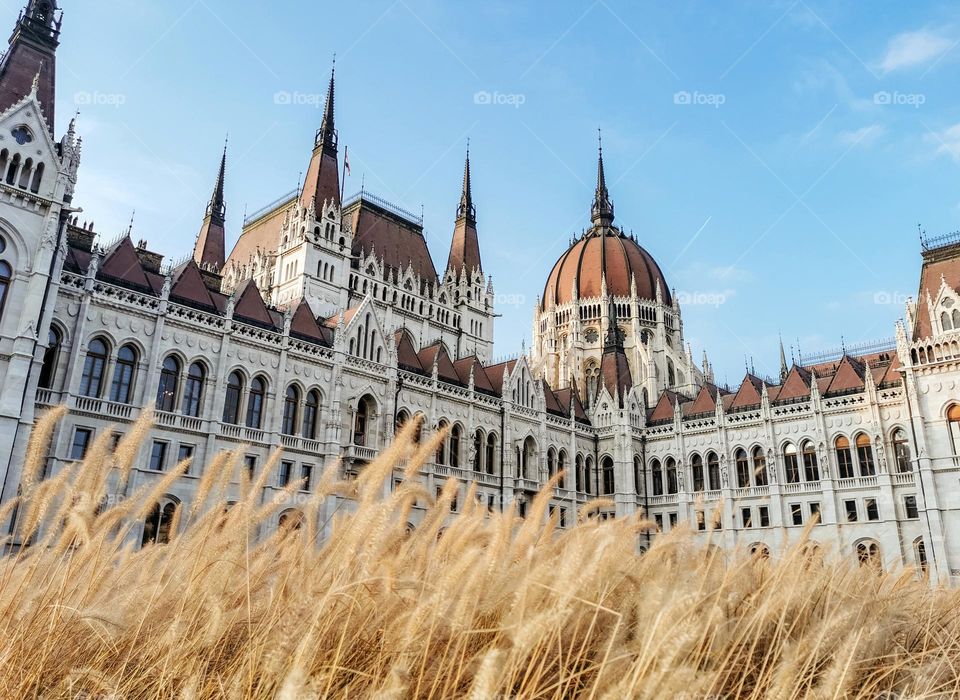 Low angle view of amazing Hungarian parliament building in Budapest