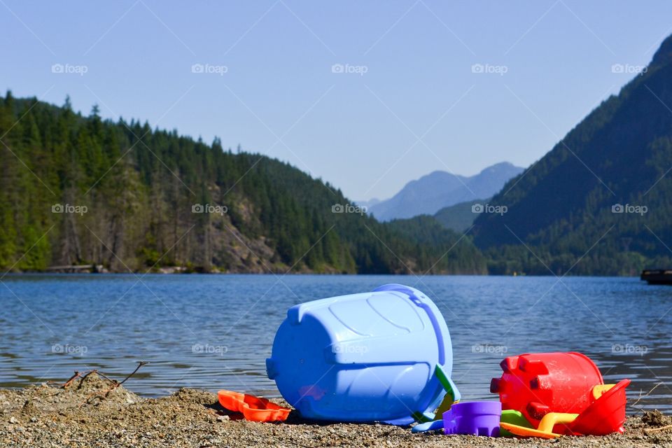 Gorgeous Buntzen lake, near Vancouver, British Columbia Canada, a reservoir, and favourite of locals, remote, and fed by glaciers, surrounded by west coast mountains 