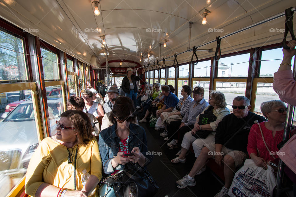 Tourist Inside the tram cable car in New Orleans Louisiana USA 