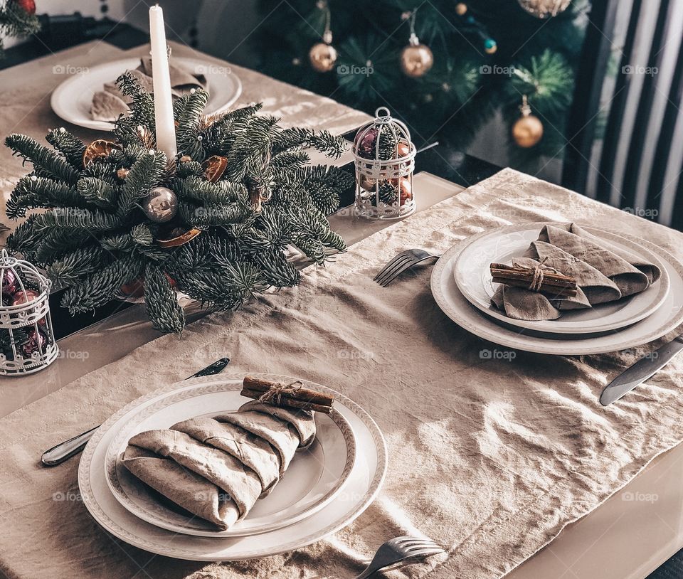 Christmas decoration, background decor, setting table 