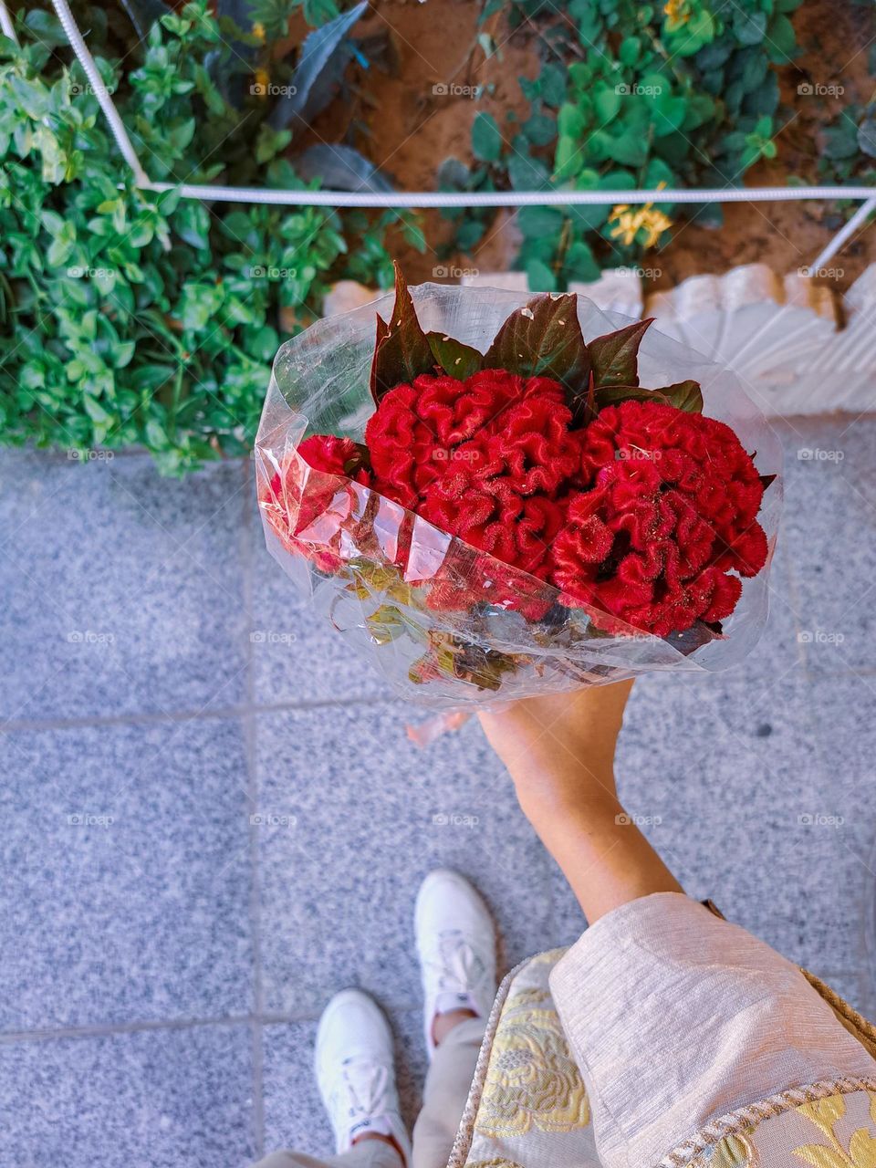 Red flowers in my hand that I got for myself