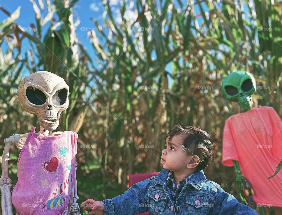 Little girl in a corn field with aliens, little girl in a corn maze, toddler girl likes aliens, aliens in corn maze for Halloween, frightening finds in the corn maze