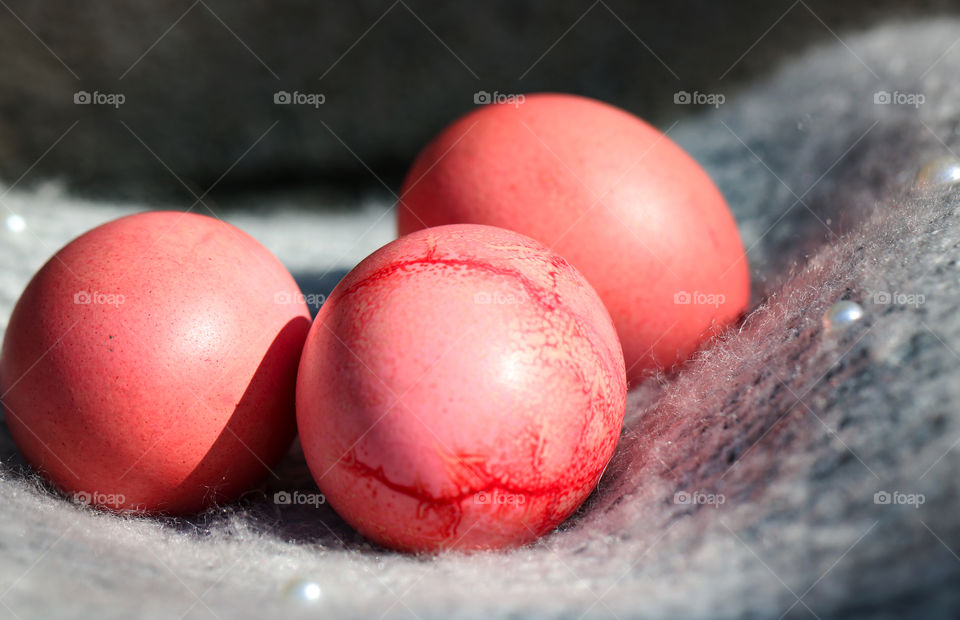 Pink Easter eggs on a gray background