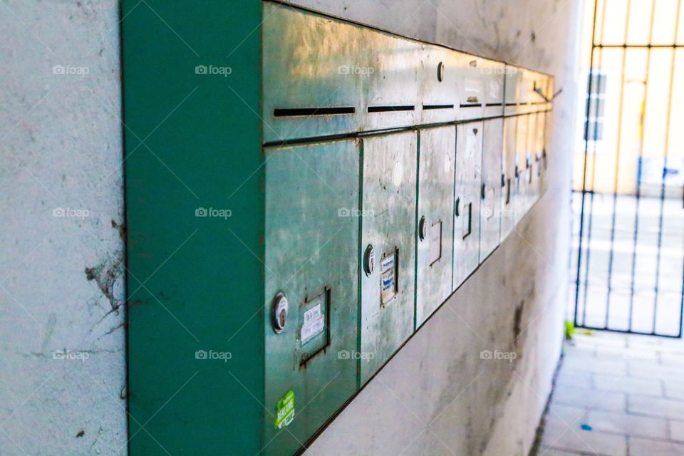 Mailboxes. Mailboxes in a row indoors 