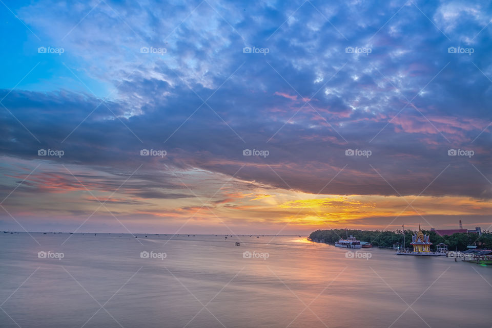 Beautiful dawn scene in BangTaBoon Bay Thailand