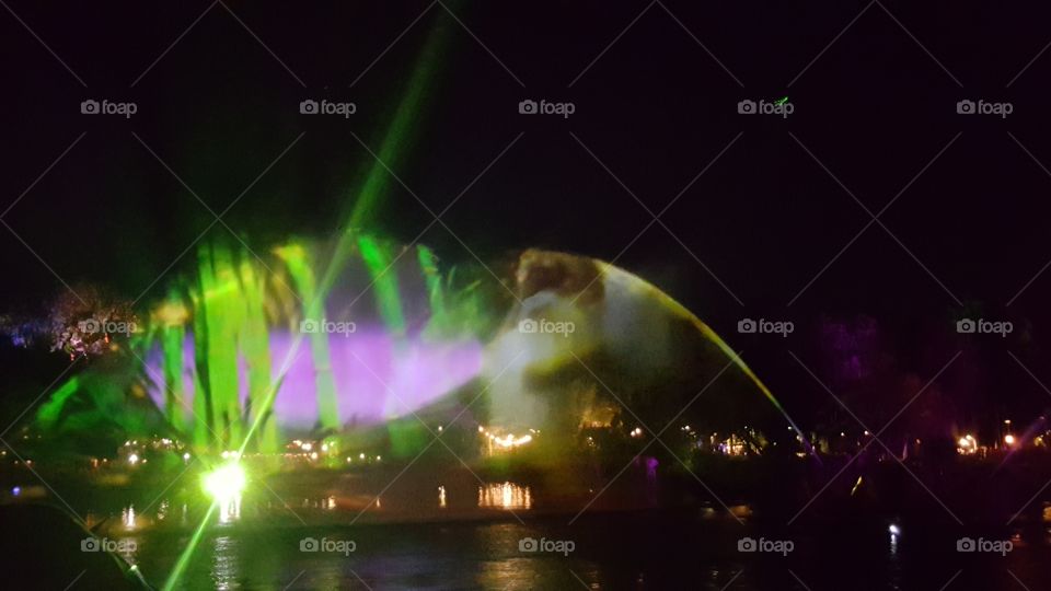 Misty waters carry light into the night sky over the waters of Discovery River during Rivers of Light at Animal Kingdom at the Walt Disney World Resort in Orlando, Florida.