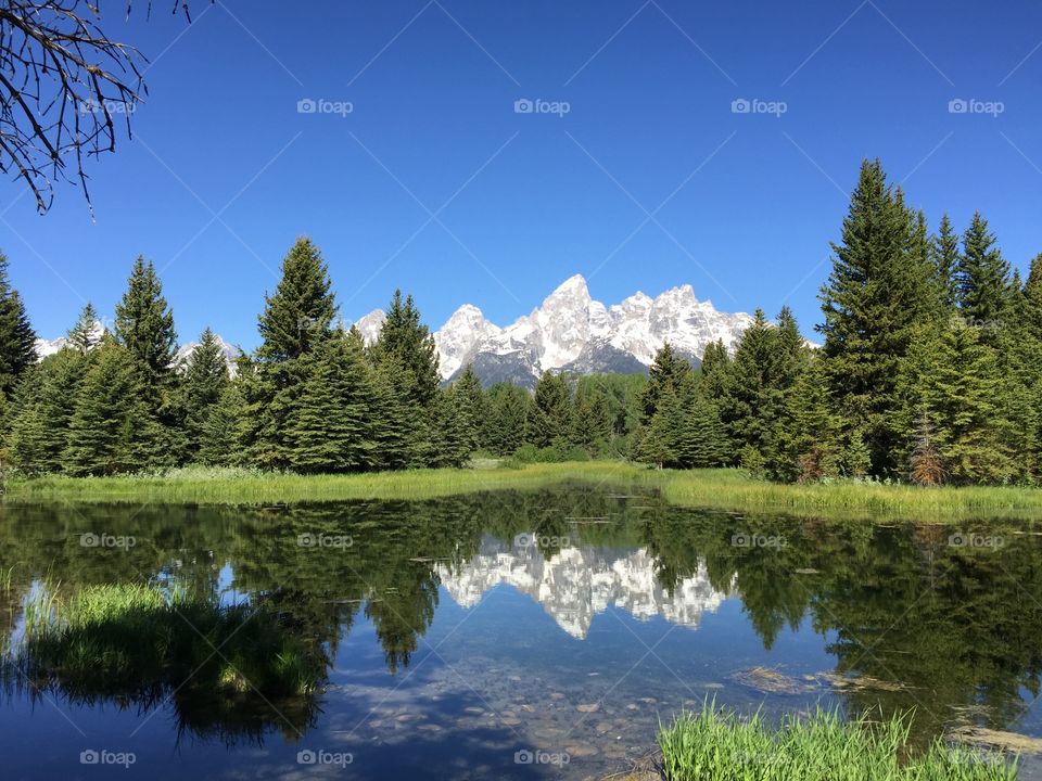 Grand tetons reflected on lake