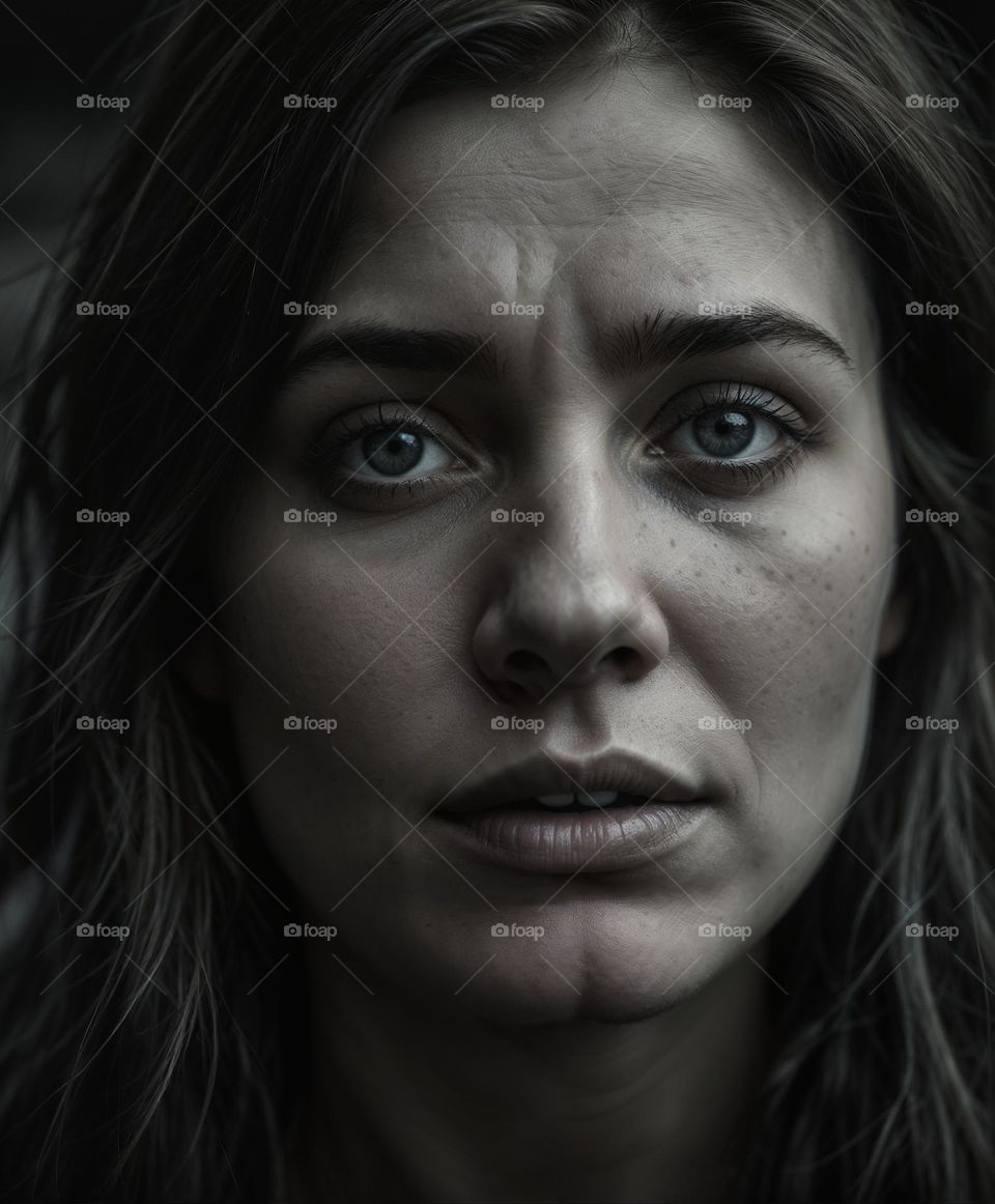 close-up portrait of a woman with a sad look on her face