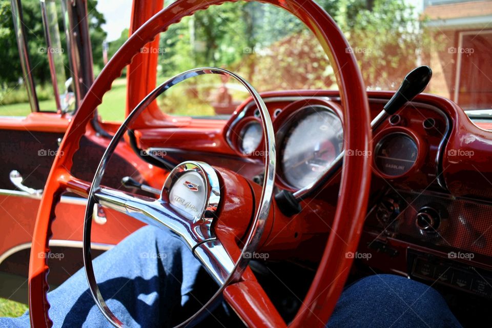 Close up of steering wheel of classic BelAir automobile