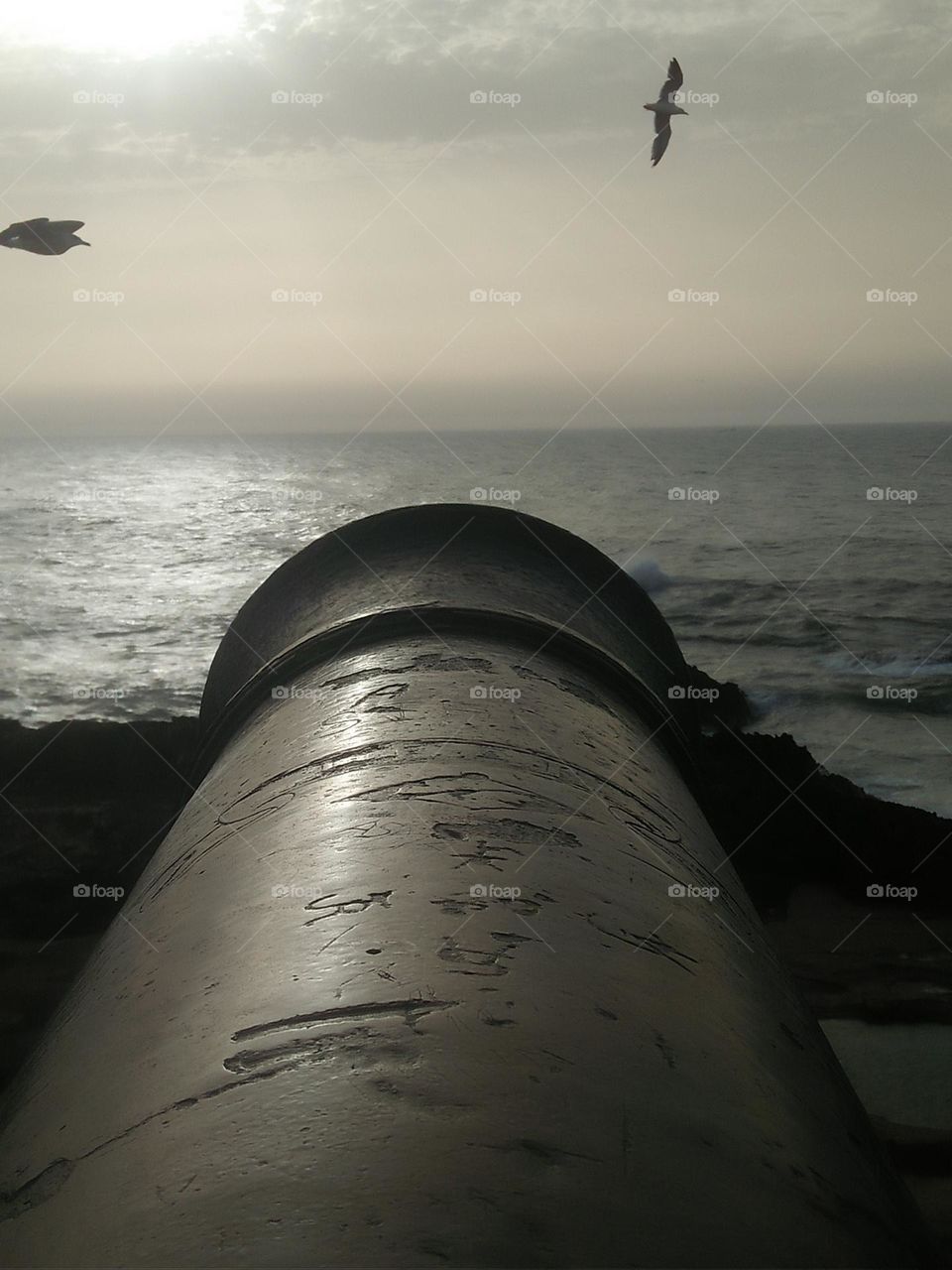 Ancient roman gun and view to sea.