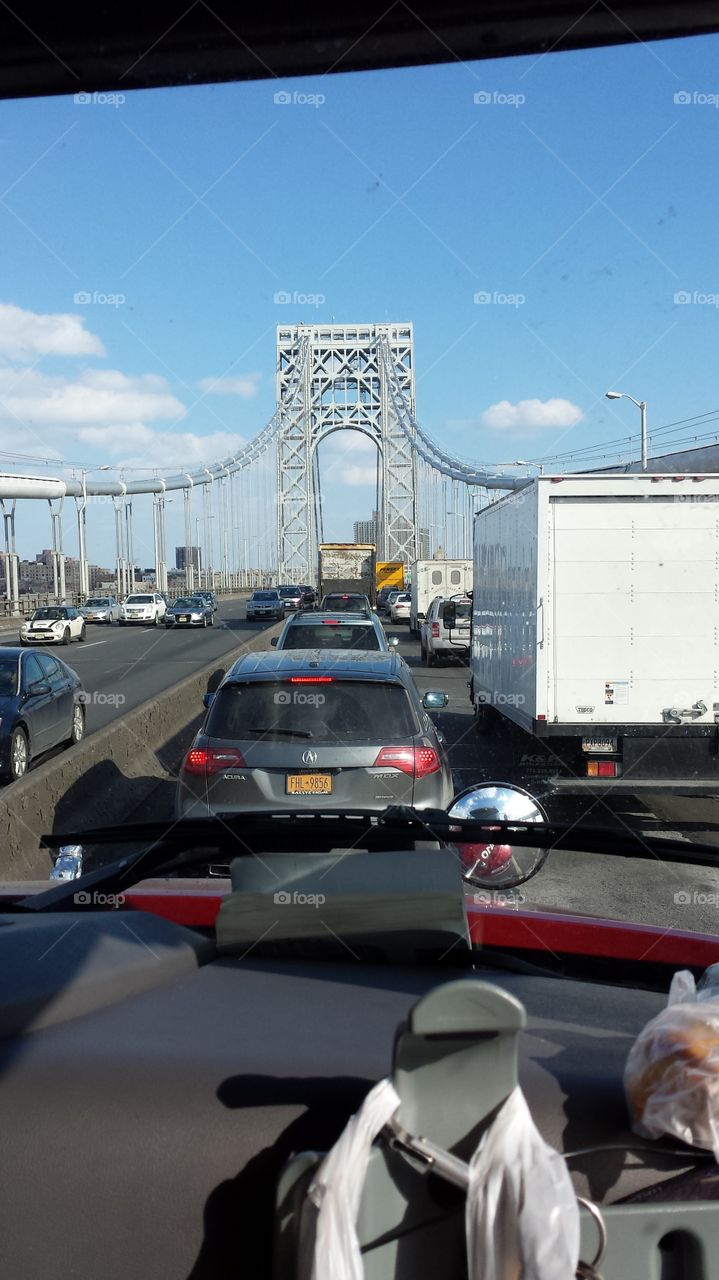 George Washington bridge . traveling the country in an eighteen wheeler