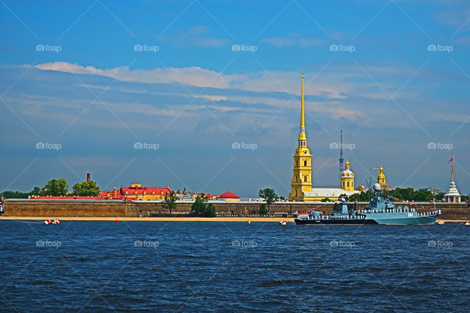 The naval parade in St. Petersburg and the warships on the Neva River