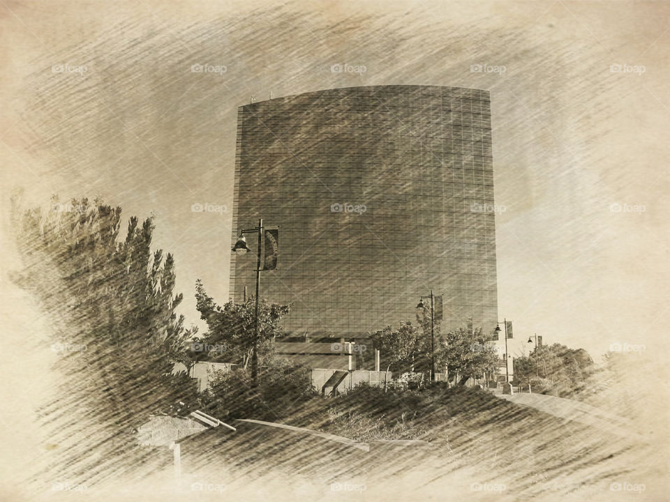 black and white. black and white picture of a building along the Sacramento River Walk