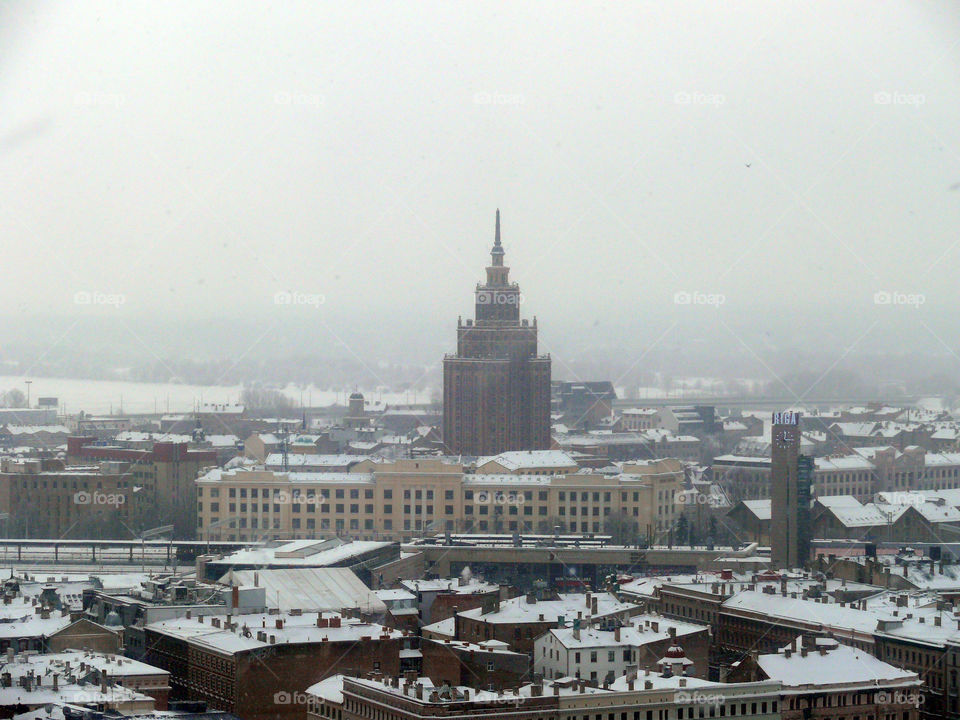 Cityscape of Riga during winter.