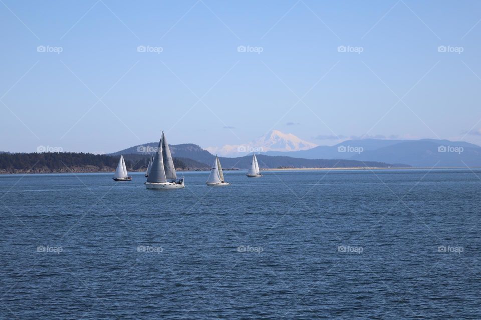 Sail boats against the mountain 