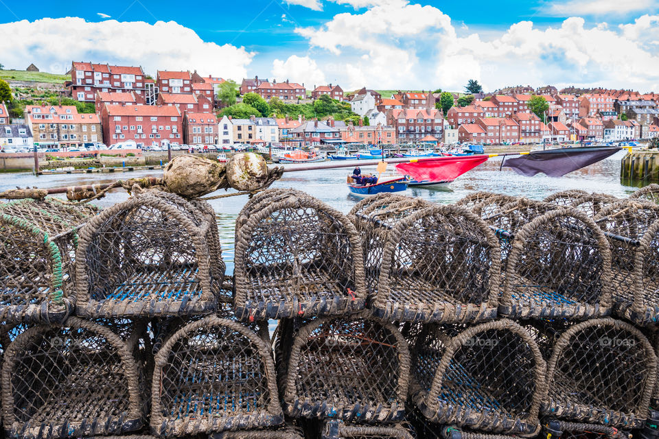 fishermen lobster crab cages, Whitby harbour seaside uk
