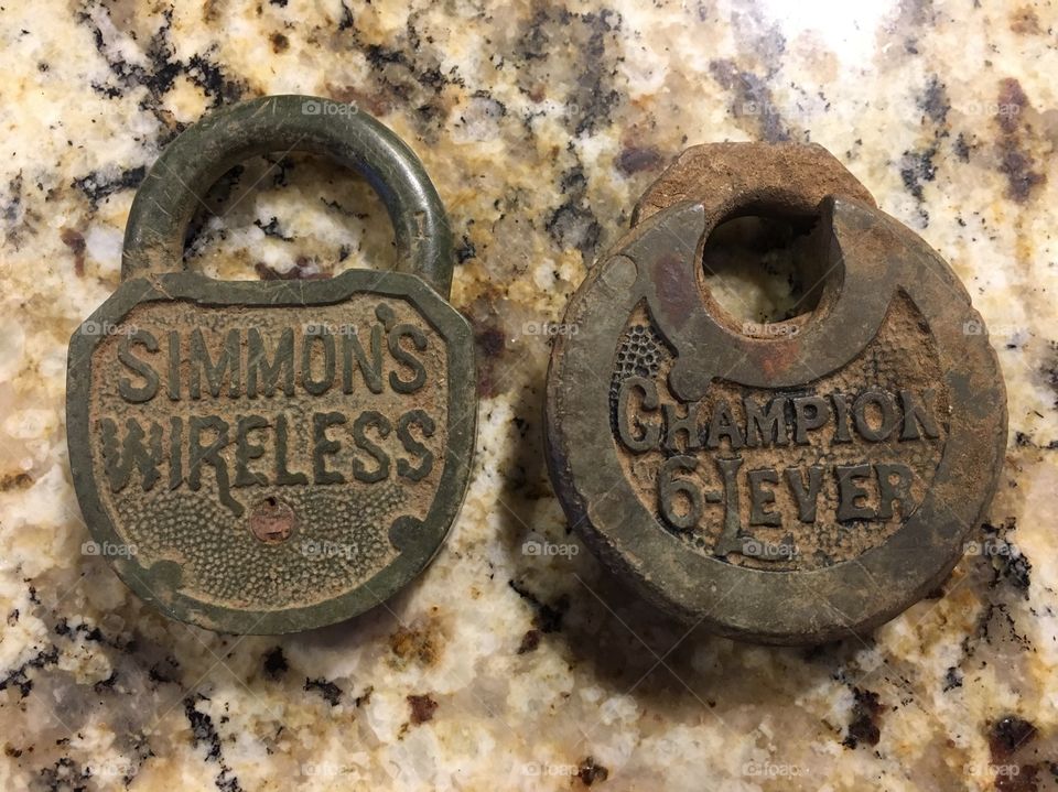 Antique brass padlocks found white metal detecting in Texas. Metal detecting hobby.  Dug treasure. Simmons Wireless and Champion 6 Lever. 