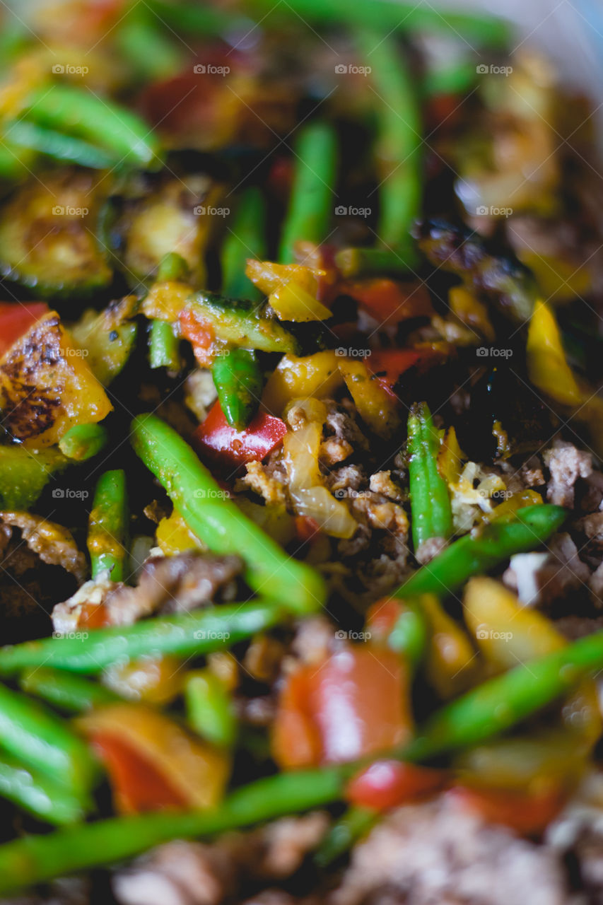 casserole with pasta, cheese, meat and fresh vegetables