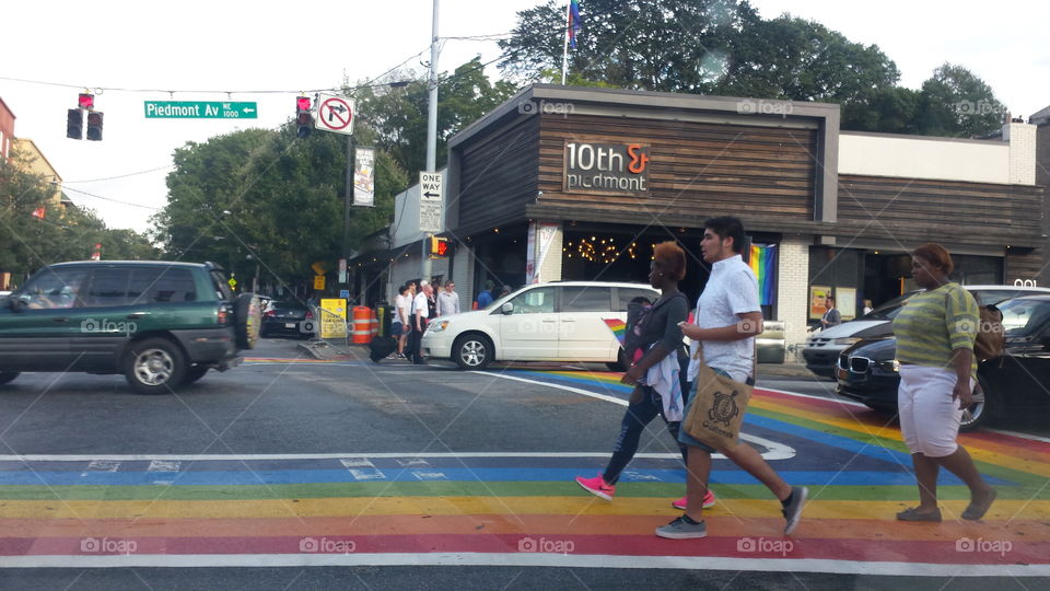 Pride Crosswalk. Rainbow painted crosswalk for Gay Pride weekend in Atlanta