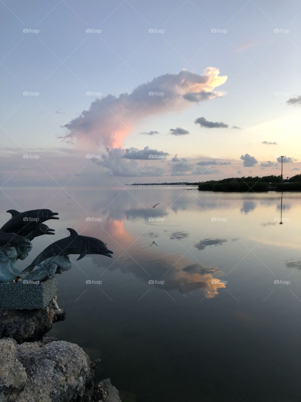 Sunset Ocean view with pink cloud reflections and dolphin statues.   