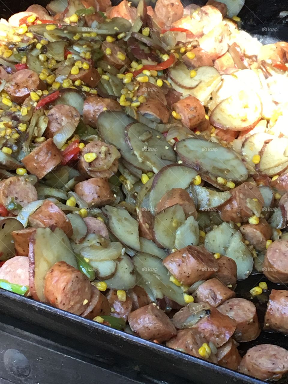 Sausage Skillet Dinner with potatoes and corn