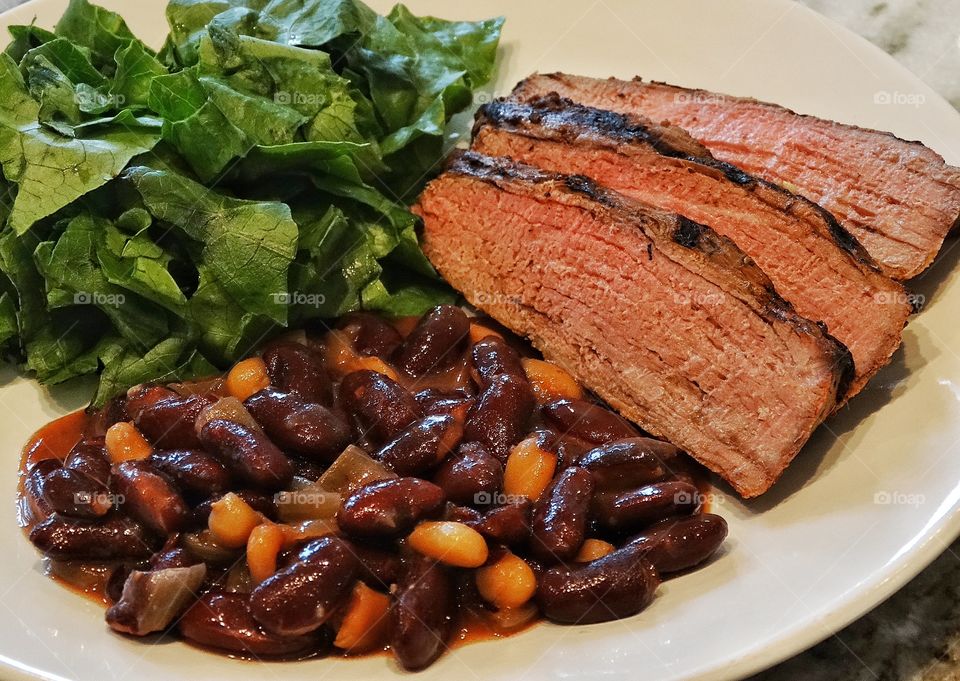 Healthy Steak Dinner. Low Carb Paleo Diet Dinner Of Steak, Salad, And Beans
