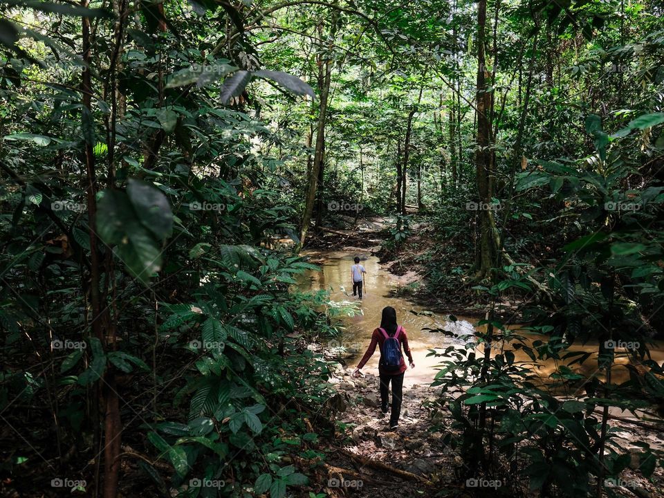 Sibling hiking along the stream in rainforest in Malaysia