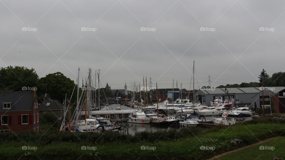 European harbor on a grey dreary summer day.