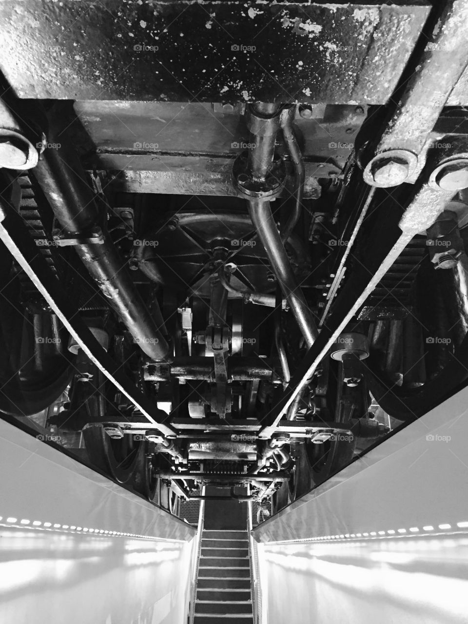 Train undercarriage . View of the underneath of a steam train