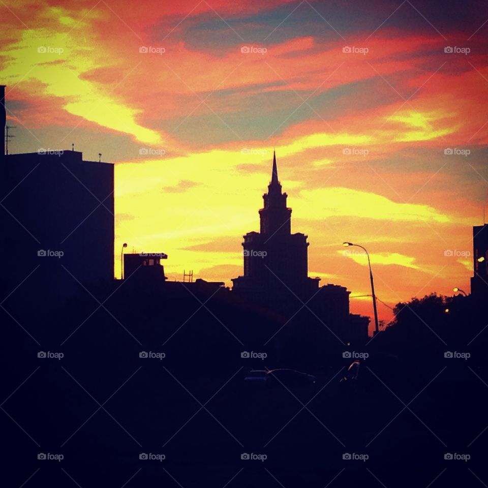 Sunset over Moscow . Fiery sunset over Moscow on a hot summers night