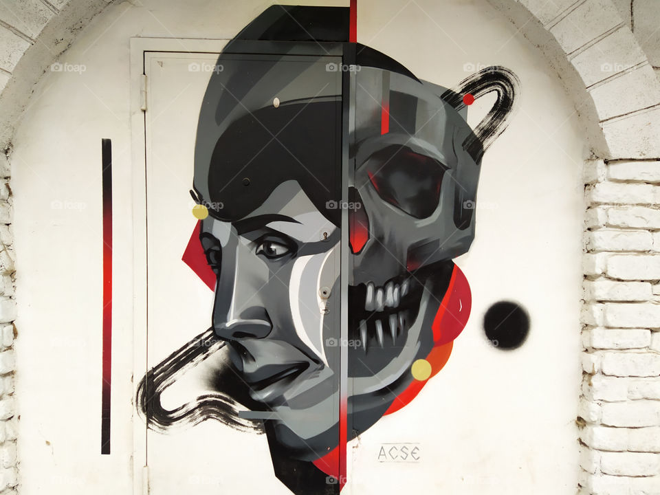Graffiti in the form of a face: one side is a smiling woman's face, the other half is in the form of a smiling skull