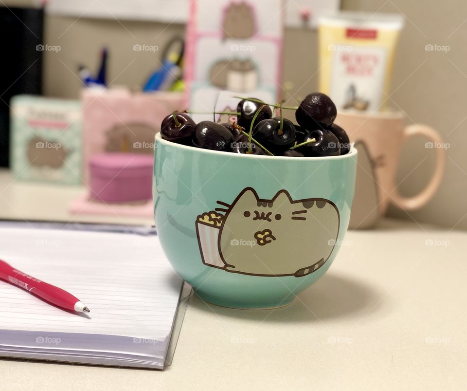 Cherries for a snack in my Pusheen bowl! 