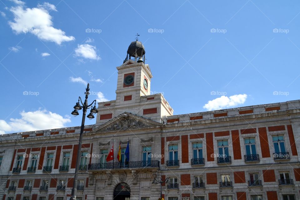 Puerta del Sol, Madrid. View of the building and clock of the famous Puerta del Sol in Madrid, Spain