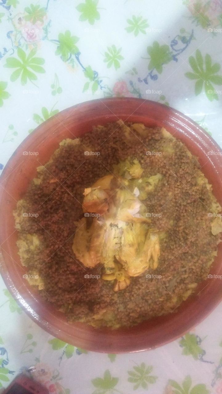 " Trid" special and typical moroccan food made by chiken bread and lentil.