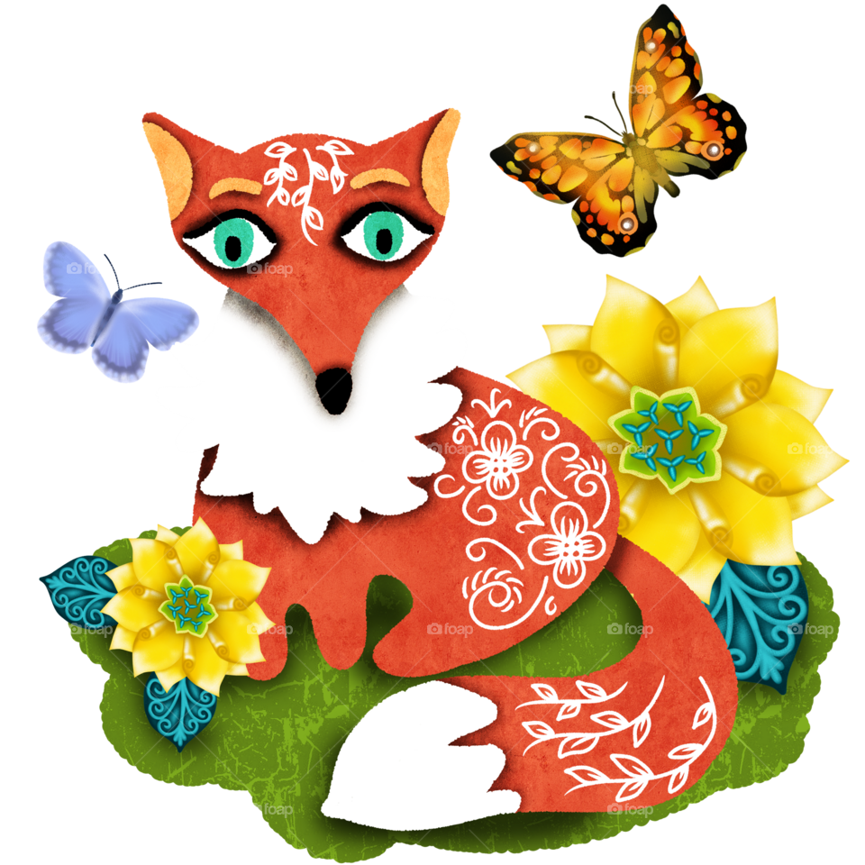 funny ornate fox and flowers