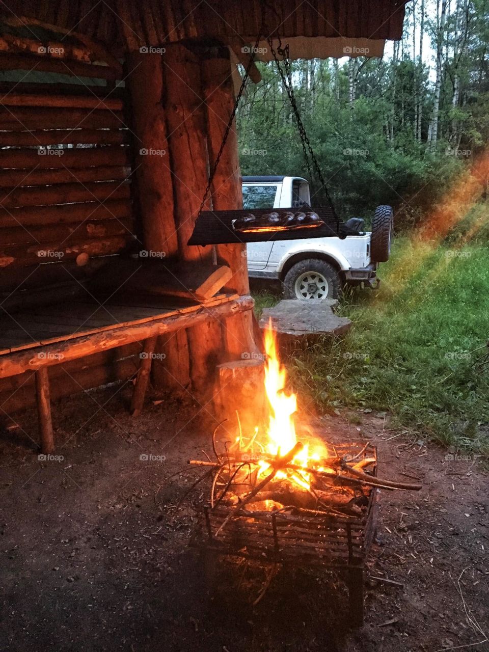 Fire at a camp in the forest 