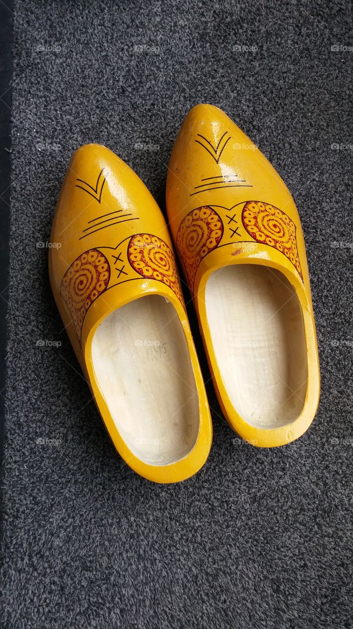 wooden shoes . yellow dutch wooden shoes 