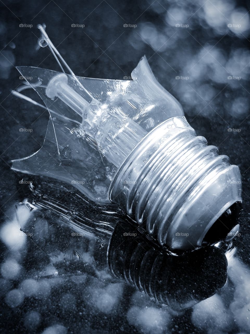 Everything has its time.  Broken light bulb on wet asphalt.  Black and white contrast